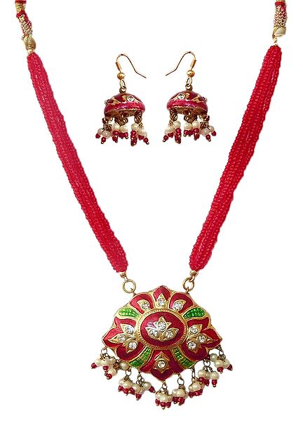 Red Bead Adjustable Necklace with Lac Meenakari Pendant and Earrings