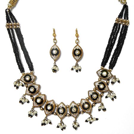 Black Bead and Lac Meenakari Necklace Set