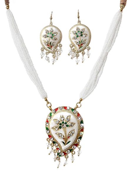 White Bead Necklace with Metal Meenakari Pendant and Earrings
