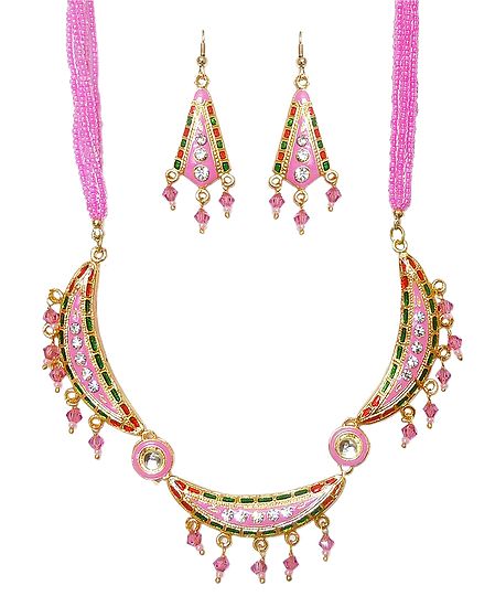 Pink Beaded Adjustable Metal Meenakari Necklace with Earrings
