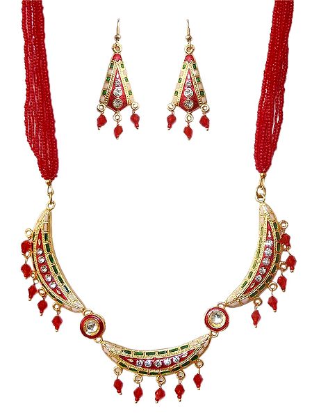 Red Beaded Adjustable Metal Meenakari Necklace with Earrings