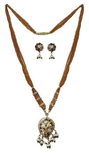 Brown Bead Necklace with Lac Meenakari Pendant and Earrings