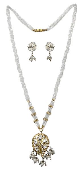 White Bead Necklace with Lac Meenakari Pendant and Earrings