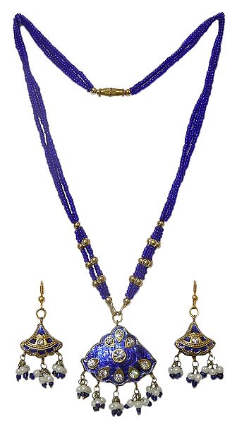 Blue Bead Necklace with Lac Meenakari Pendant and Earrings