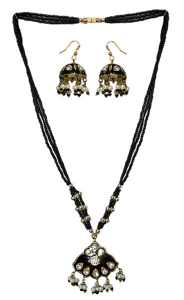 Black Bead Necklace with Lac Meenakari Pendant and Earrings