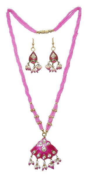 Pink Bead Necklace with Lac Meenakari Pendant and Earrings