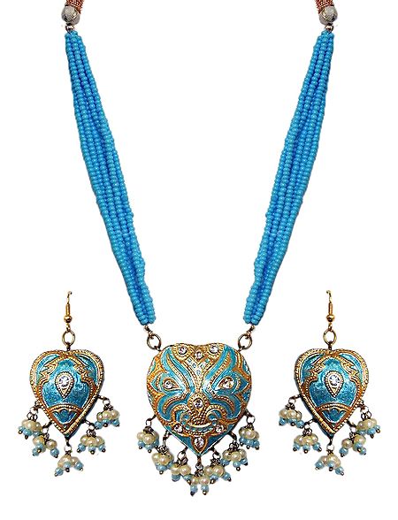 Adjustable Bead Necklace with Blue Lac Meenakari Pendant and Earrings