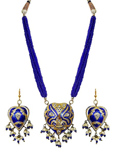 Adjustable Bead Necklace with Dark Blue Lac Meenakari Pendant and Earrings