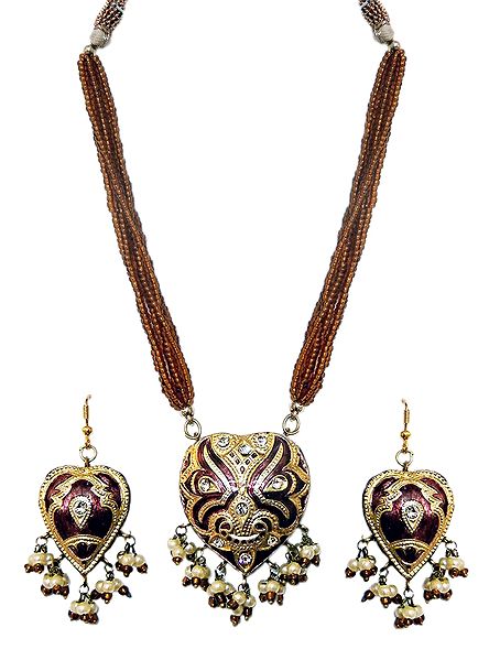 Adjustable Bead Necklace with Brown Lac Meenakari Pendant and Earrings