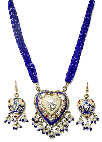 Blue Bead Adjustable Necklace with Lac Meenakari Pendant and Earrings