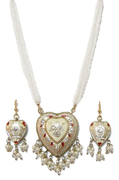 White Bead Adjustable Necklace with Lac Meenakari Pendant and Earrings