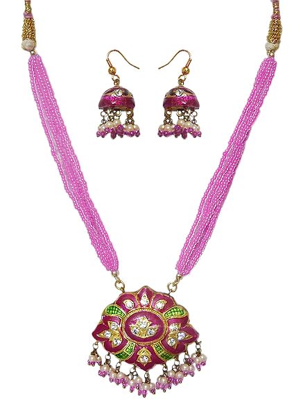 Adjustable Bead Necklace with Magenta Lac Meenakari Pendant and Earrings