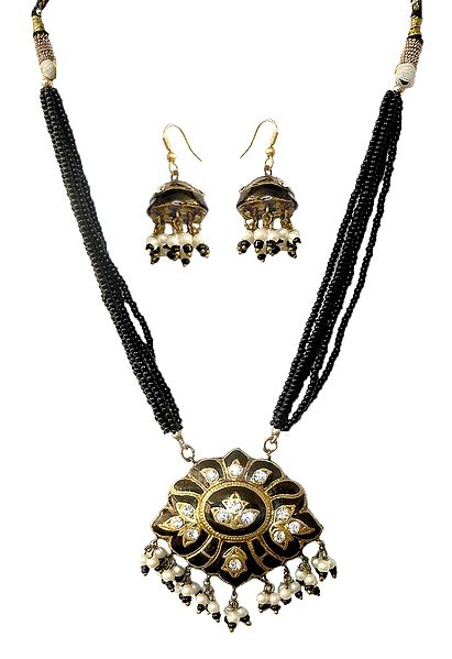 Adjustable Bead Necklace with Black Lac Meenakari Pendant and Earrings