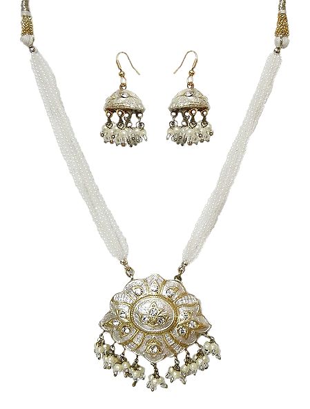 Adjustable Bead Necklace with White Lac Meenakari Pendant and Earrings