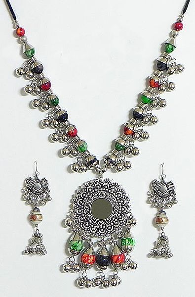 Multicolor Bead with Metal Necklace and Earrings