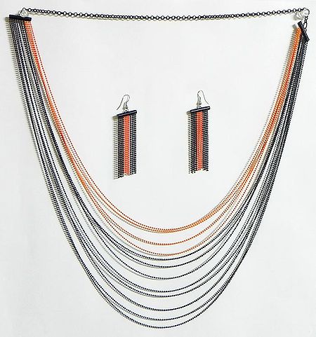 Four Layer Saffron Color and Eight Layer Black Color Metal Necklace and Earrings