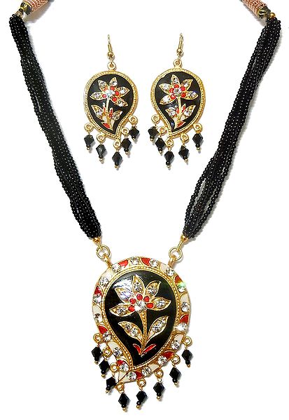Black Bead Necklace with Metal Meenakari Pendant and Earrings