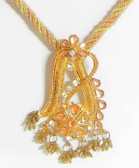 Peach and off-White Twisted Cord Necklace with Stone Studded Pendant