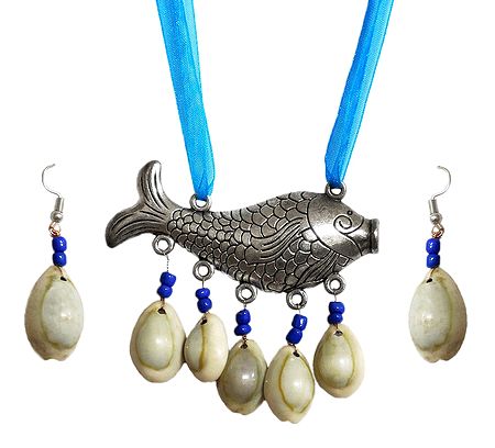 Metal Fish Pendant and Cowrie Earrings with Adjustable Cyan Blue Ribbon
