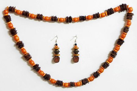 Saffron and Dark Brown Wooden Beads with Natural Seed Necklace and Earrings 