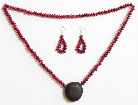 Red Wooden Beads and Natural Seed Necklace and Earrings 