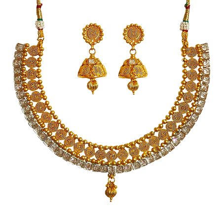 White Stone Studded Golden Necklace Set