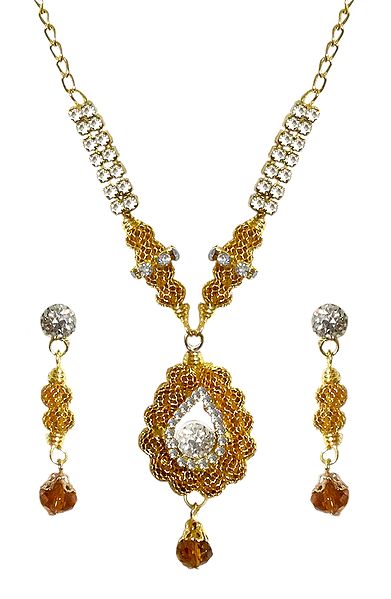 White Stone Studded Golden Necklace and Earrings