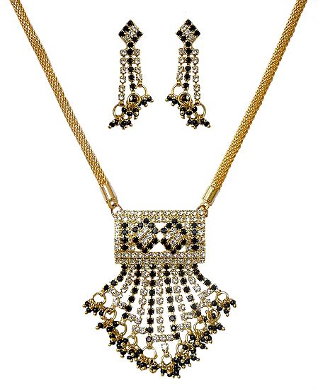 Black and White Stone Studded and Gold Plated Necklace Set with Jhalar Pendant