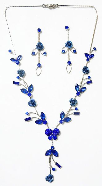 Faux Saphire Studded Necklace with Blue Metal Roses with Post Earrings