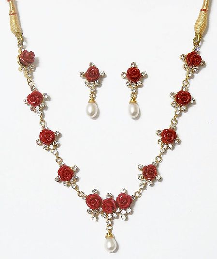 Faux zirconia Studded Necklace with Red Metal Roses with Post Earrings
