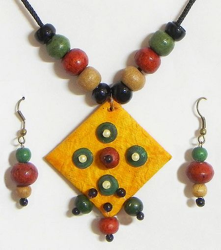 Hand Painted Yellow Square Paper Pendant and Earrings with Wooden Beads