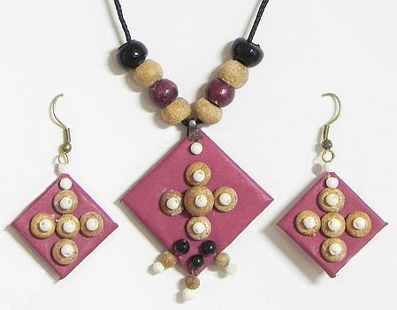 Hand Painted Rose Pink Square Paper Pendant and Earrings with Wooden Beads