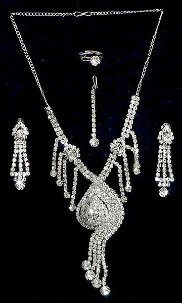 White Stone Studded Necklace Set with Mang Tika and Ring