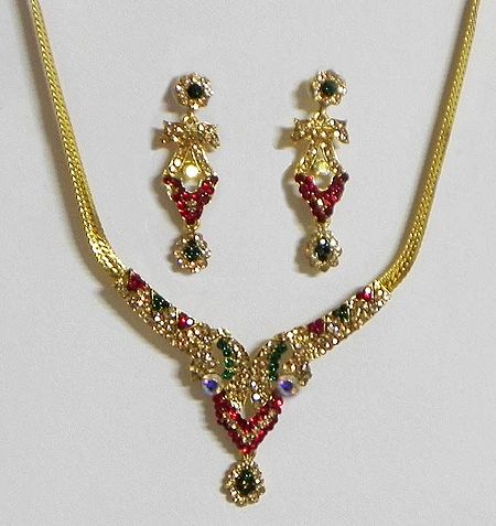 Yellow,Red and Green Stone Studded Necklace with Earrings