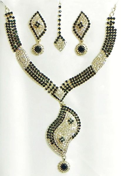 Dark Green and White Stone Studded Necklace, Earrings and Maang Tikka