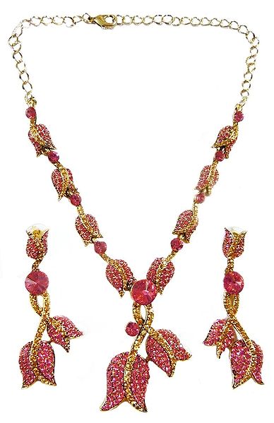 Rose Pink Stone Studded Necklace and Earrings