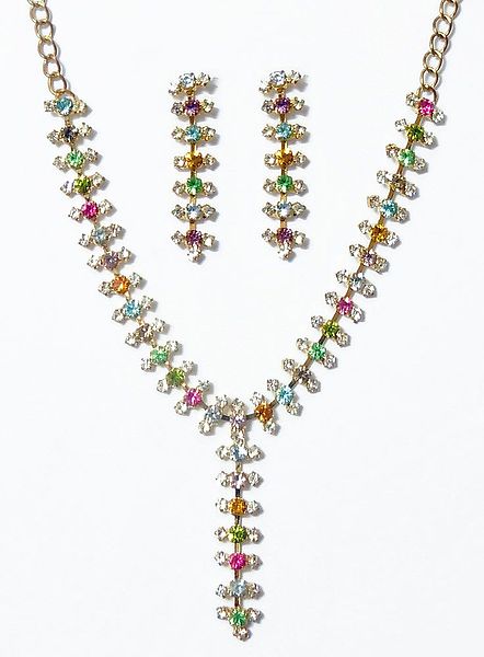 Multicolor Stone Studded Oxidised Metal Party Necklace with Earrings