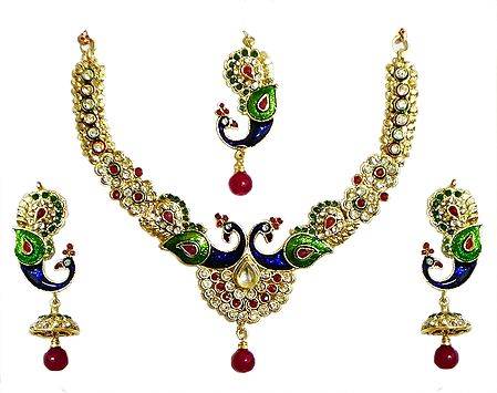Faux Ruby, Emarald and White Zirconia Studded Lacqured Peacock Necklace Set with Mang Tika