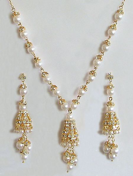 Pearl and White Stone Studded Necklace and Earrings