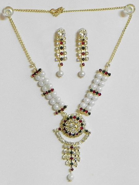 White Pearl Necklace with White, Maroon and Green Stone Studded Pendant and Earrings