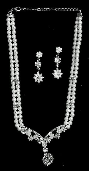 White Pearl and Stone Studded Necklace with Earrings