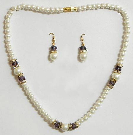 White Faux Pearl with Crystal Bead Necklace and Earrings