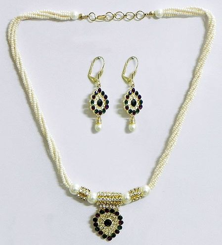 White Bead Necklace with Green and Maroon Stone Studded Pendant and Earrings