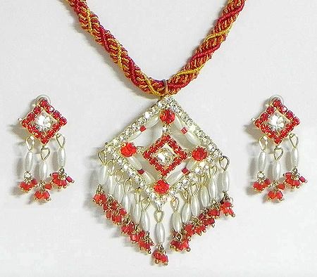 Red and Yellow Twisted Cord Necklace with Red and White Stone Studded and Bead Pendant