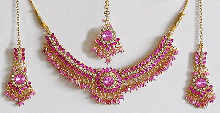 Pink and White Stone Studded Necklace with Earrings and Maang Tikka