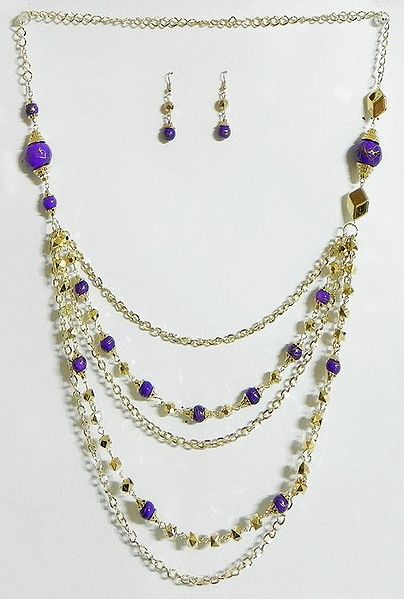Five Layer Golden Chain with Purple Bead Necklace and Earrings