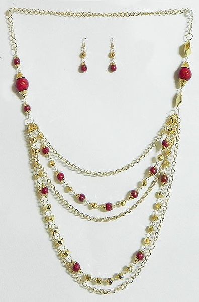 Five Layer Golden Chain with Red Bead Necklace and Earrings