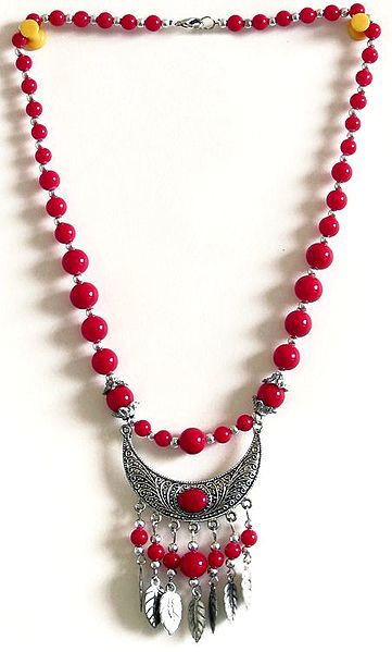 Red Bead Necklace with Metal Pendant