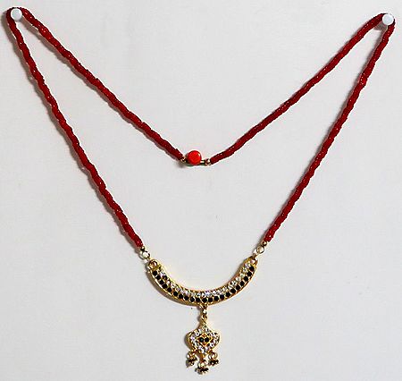 Red Beaded Mangalsutra with Golden Stone Studded Pendant