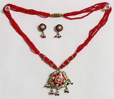 Red Beaded Minakari Necklace with Earrings